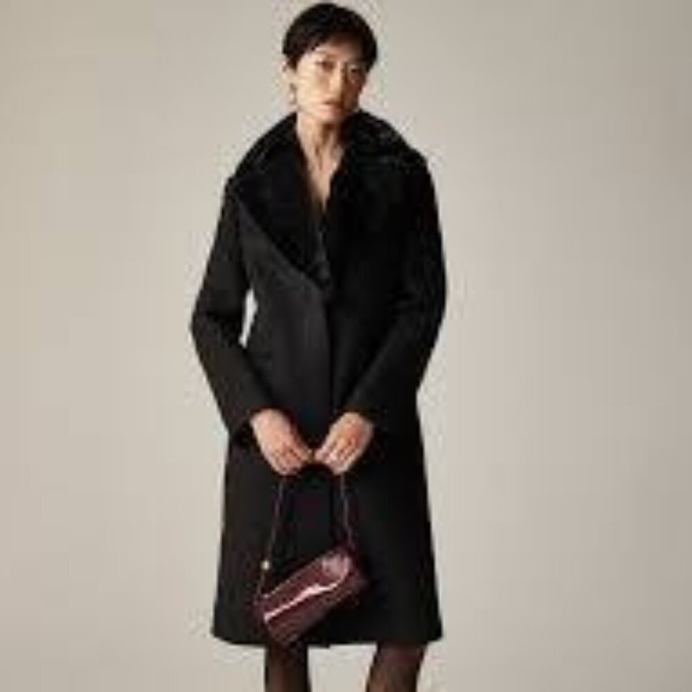 J. Crew Collection Savoy faux fur-trim topcoat, Italian wool-blend melton (NWOT)